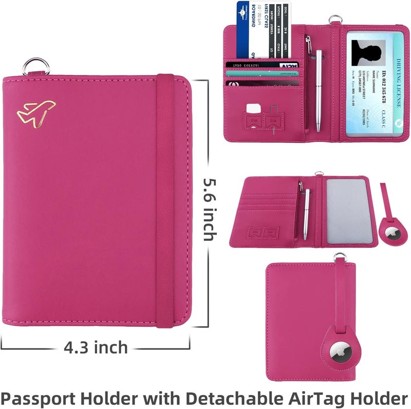 WALNEW AirTag Passport Holder, PU Leather Airtag Wallet RFID Blocking Passport Cover Travel Essentials Case for Women Men (Hot Pink) - Image 4